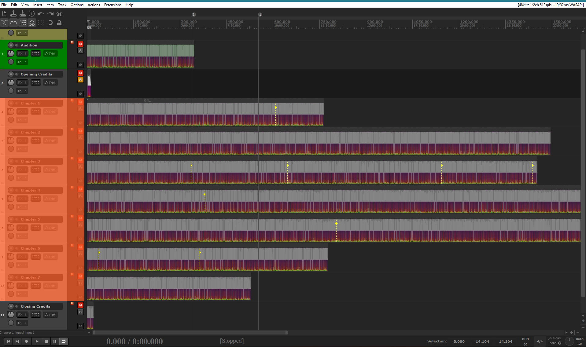 Screenshot of the Reaper DAW, each chapter displayed as a separate track, with character voice reference markers